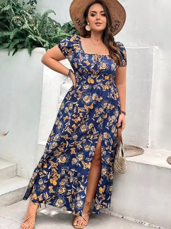 SHEIN Dresses & Skirts - Shein Curve Maxi Dress Floral Split Thigh Ruffle Hem Navy Blue & Orange 1XL
